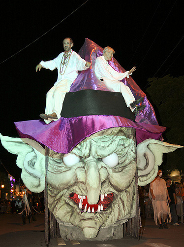 Tony Falcone and Joe Liszka riding the witches head. (Look closely and you'll see the legs are fake so that Tony and Joe can stand up and be strapped in with a safety harness inside the head.)