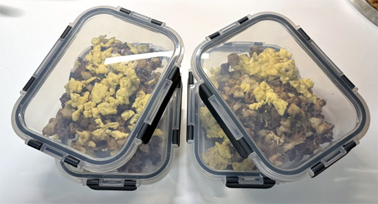 Divide the cooked beef, potatoes, and eggs evenly among 8 freezer-safe containers.