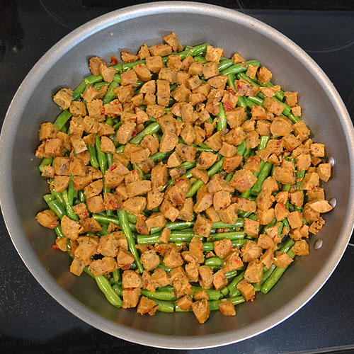 Green Beans with Veggie Sausage Over Top