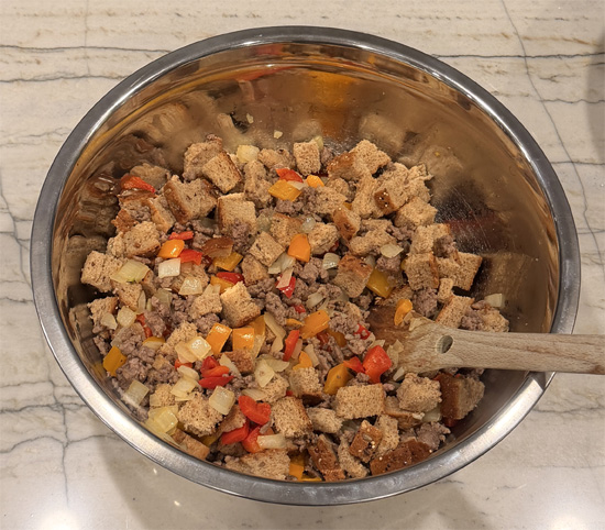 Pour egg mixture over the meat mixture and stir everything together. 