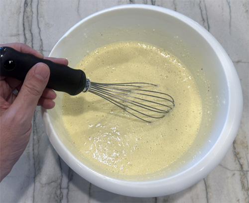 Put the next 8 ingredients, egg whites, whole eggs, half & half, ricotta, salt, baking powder, garlic powder and black pepper in a bowl. Whisk together well. (I prefer using a mixer to combine thoroughly.) Set aside.