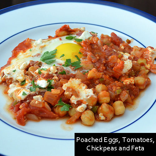 Poached Eggs, Tomatoes, Chickpeas and Feta