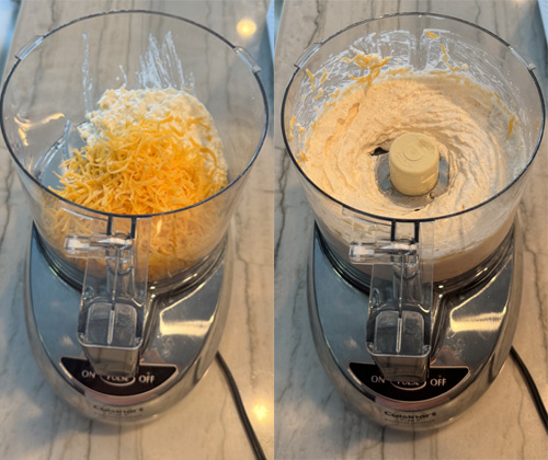 Blend cottage cheese and cheddar cheese in a food processor for 1 minute until smooth. Transfer to a mixing bowl and set aside.