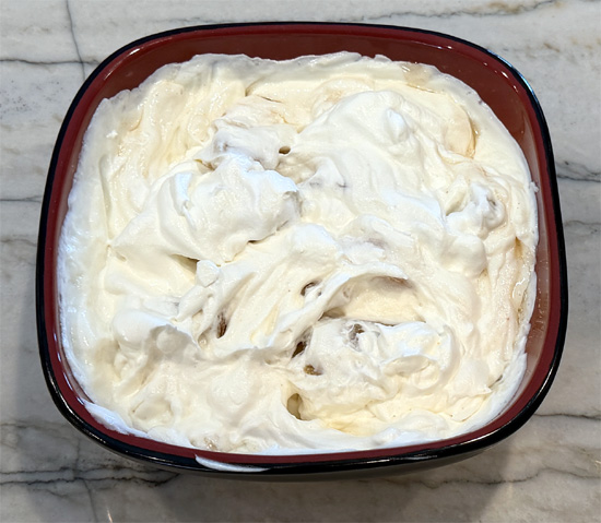 Chop the apple pie filling into small pieces, then fold into the yogurt mixture. Cover and store in the refrigerator up to three days.