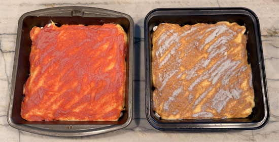Sprinkle half the Jell-O powder you chose over one pan and the other half over the second pan. 