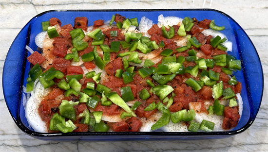 Add the chopped green bell pepper as the next layer.