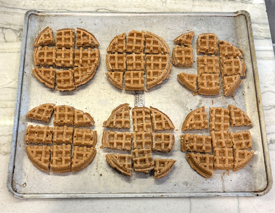 Cut each waffle into nine pieces.