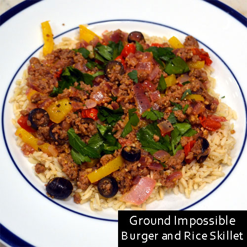 Ground Turkey and Rice Skillet - (Can also be made vegetarian with Impossible Burger.)
