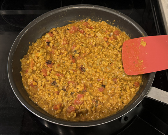 Bring to a boil, then reduce the heat to low and let simmer, covered, for about 15-20 minutes. It's done when the lentils start to fall apart.