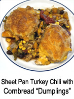 Sheet Pan Turkey Chili with Cornbread “Dumplings”
