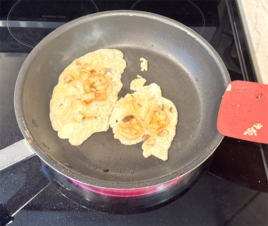Pour the shrimp and egg mixture in 1/3 cupfuls once the pan is hot. Cook until golden brown, about 2-3 minutes on each side.
