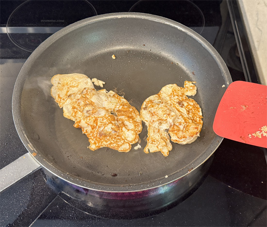 Pour the shrimp and egg mixture in 1/3 cupfuls once the pan is hot. Cook until golden brown, about 2-3 minutes on each side.