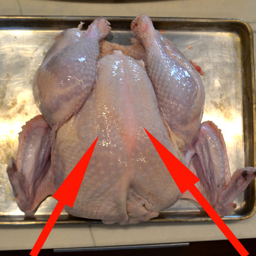 Turn the turkey over, press down and break the breast down.