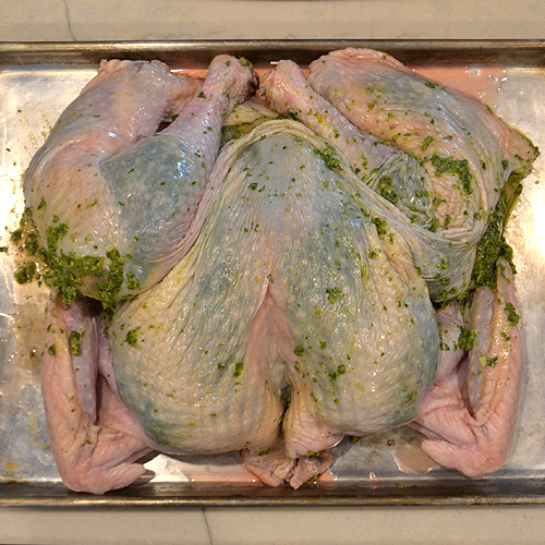 Rub the herbed butter under the skin and then on top.