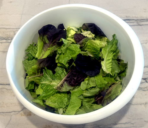 Place the mixed salad greens in a large bowl OR a 13x9 inch casserole dish.