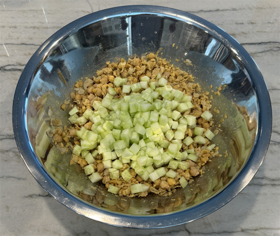 Add the chopped cucumber, relish, onion and mix them together.