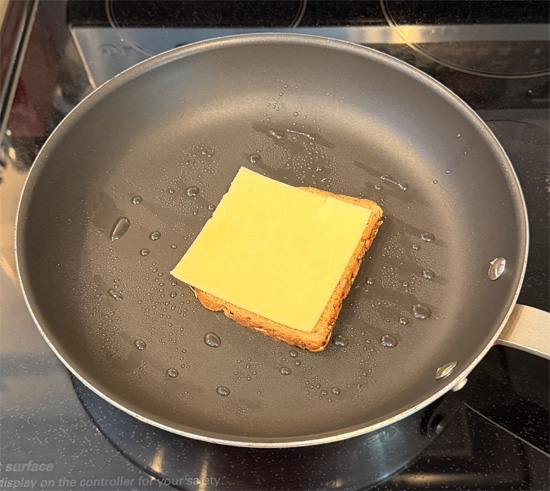 Build the sandwich: Place one slice of bread mayo-side down in the pan. Top with the cheese, then the birria meat, and finally the second slice of bread mayo-side up.