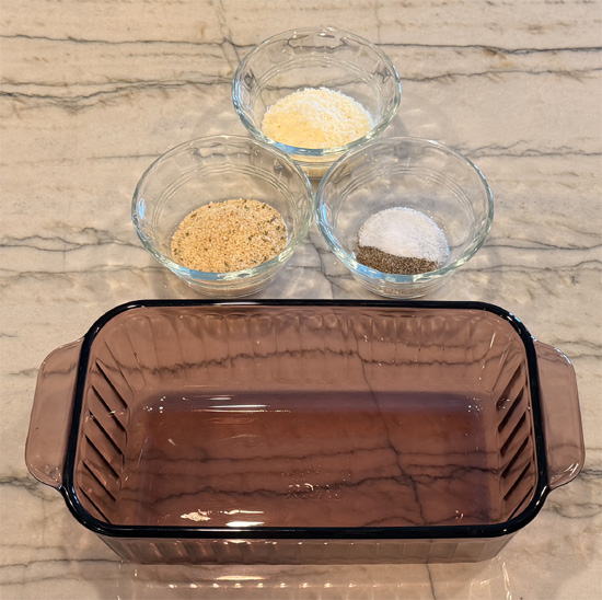 Mix together the remaining four ingredients, breadcrumbs, parmesan, salt and pepper.