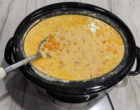 Cover and cook on low for 6 1/2 hours, stirring occasionally. AFTER 5 HOURS, STIR IN THE BLUE CHEESE.