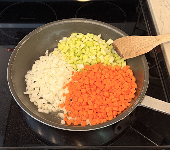 Heat the pan on medium-high heat. Sauté the carrots, celery and onions until tender, about 7-8 minutes. 