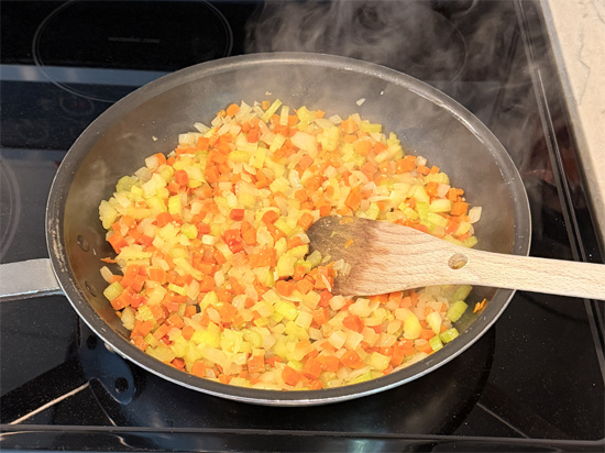 Heat the pan on medium-high heat. Sauté the carrots, celery and onions until tender, about 7-8 minutes. 