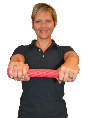 Bring arms in front of body while maintaining flex.