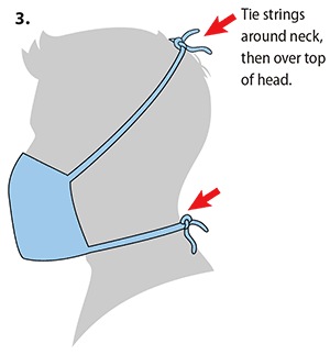 Tie the strings around neck, then over top of head. 