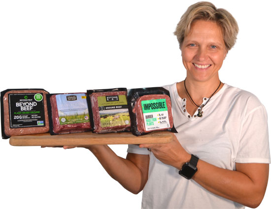 Beef and beef alternatives. Beyond Beef, Grass Fed Beef, Regular Beef and Impossible Burgers.